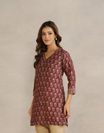 Maroon Cotton Silk Hand Block Printed Slim Fit Short Kurta