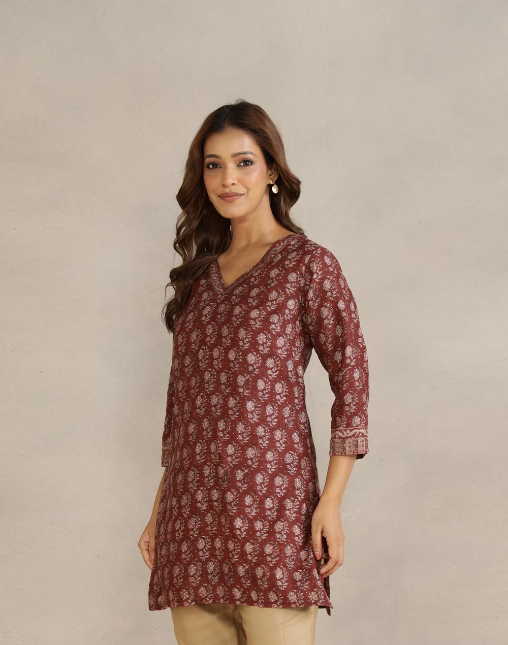 Maroon Cotton Silk Hand Block Printed Slim Fit Short Kurta
