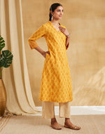 Mustard Cotton Hand Block Print Slim Fit Long Kurta