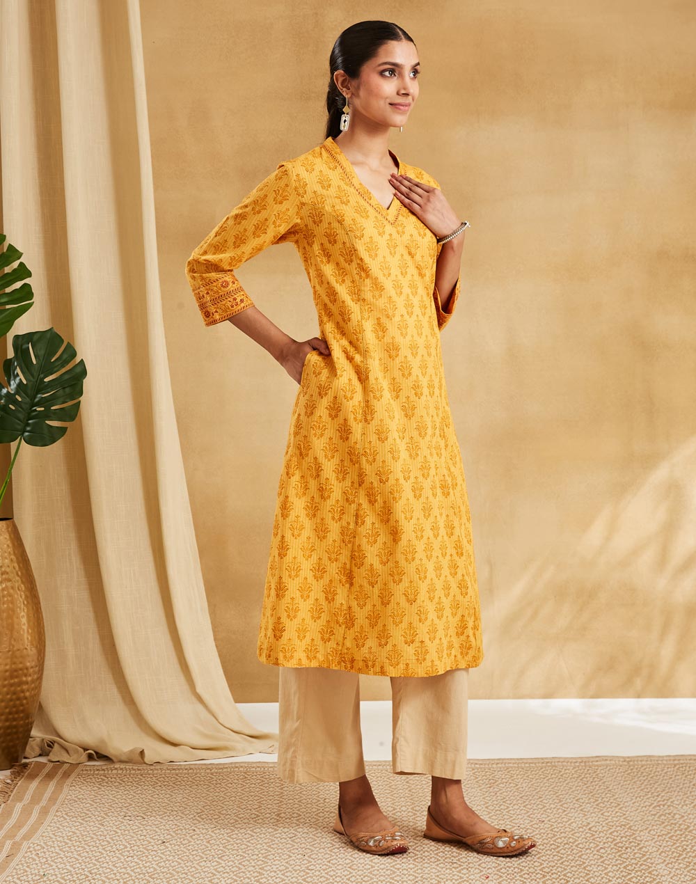 Mustard Cotton Hand Block Print Slim Fit Long Kurta