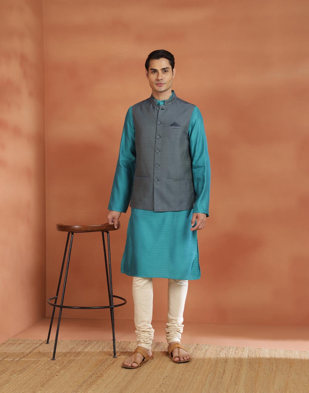 Grey Viscose Silk Nehru Jacket