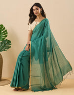 Teal Linen Blend Hand Woven Sari