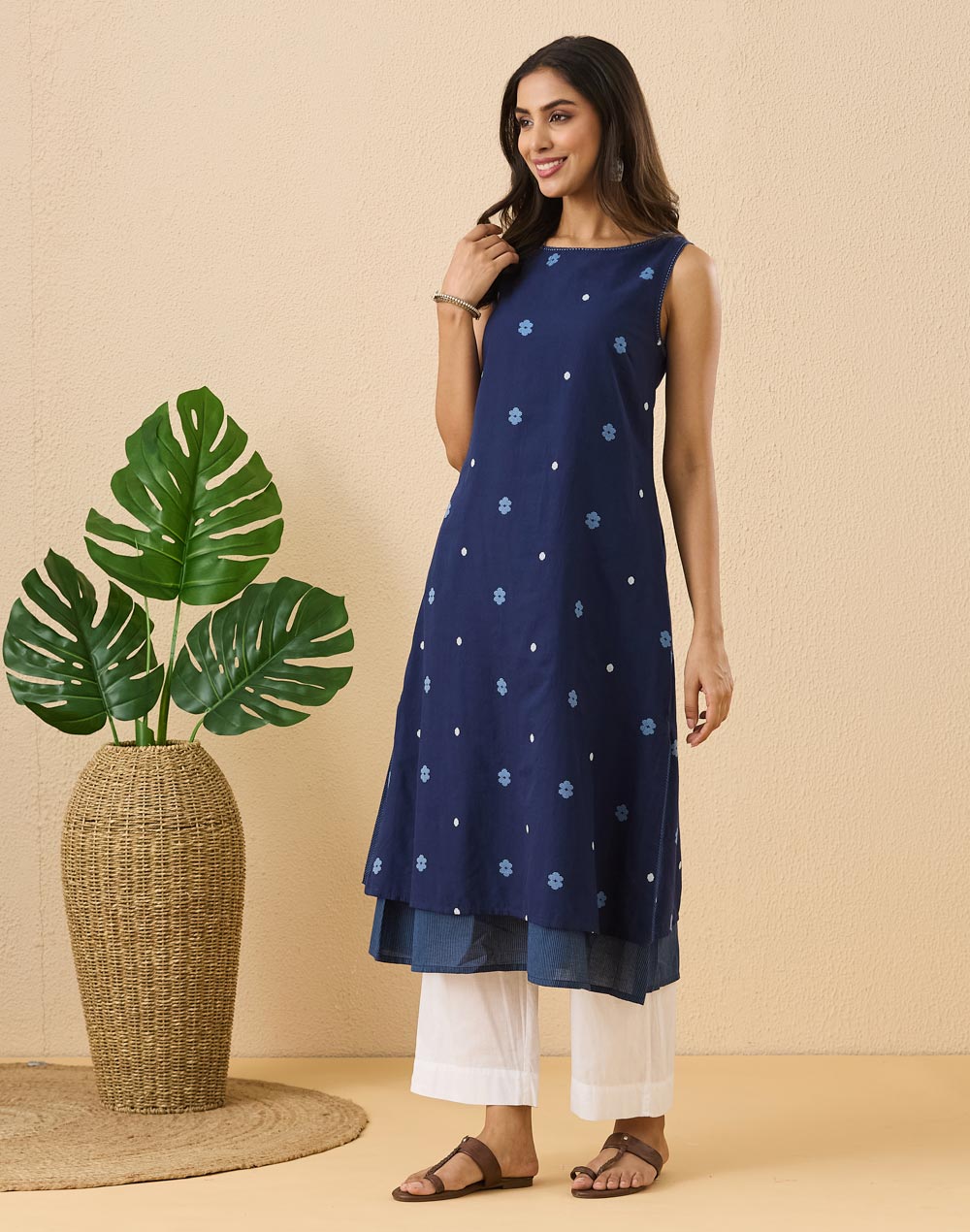 Indigo Cotton Dobby Slim Fit Long Kurta