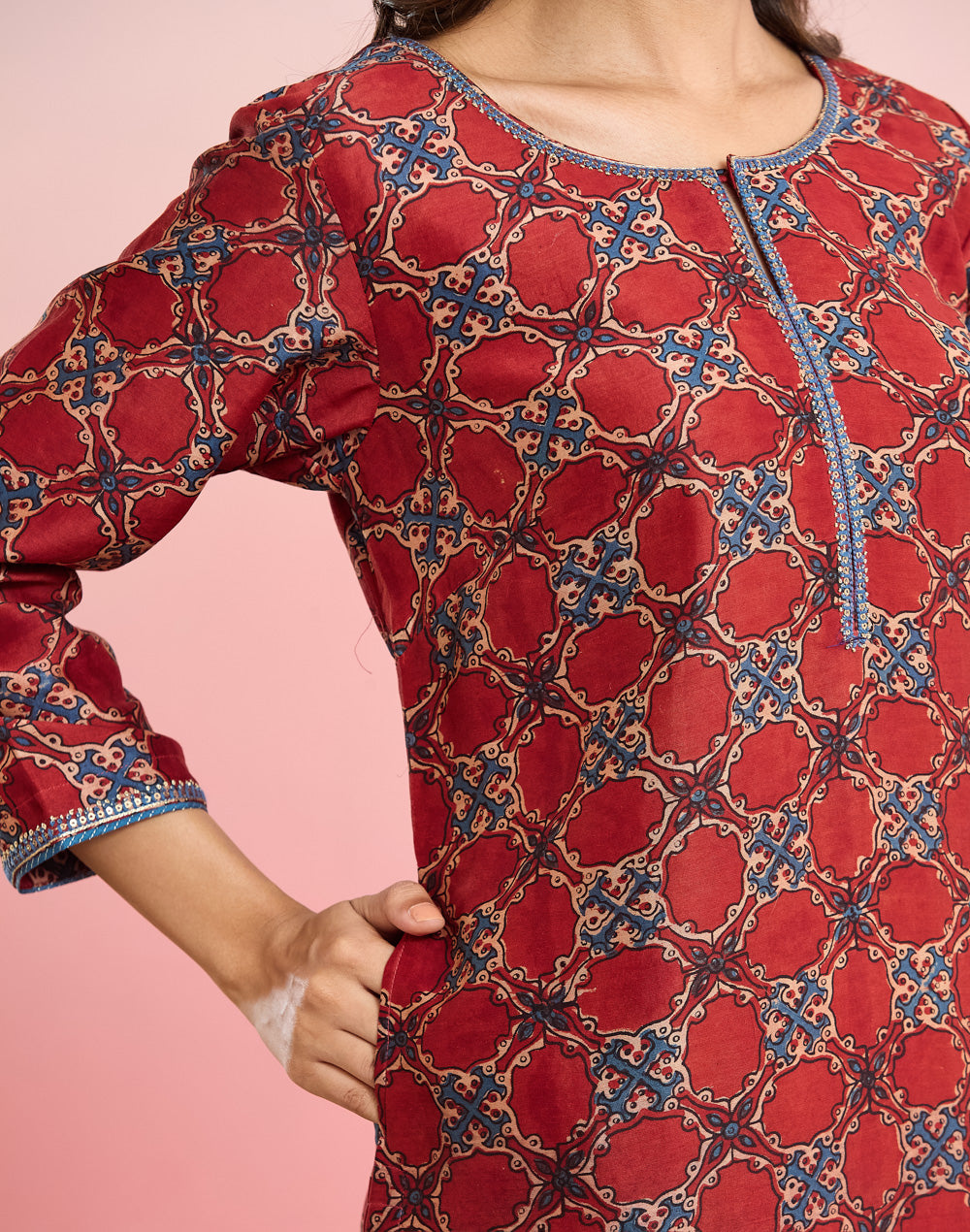 Maroon Cotton Silk Ajrakh Printed Long Kurta