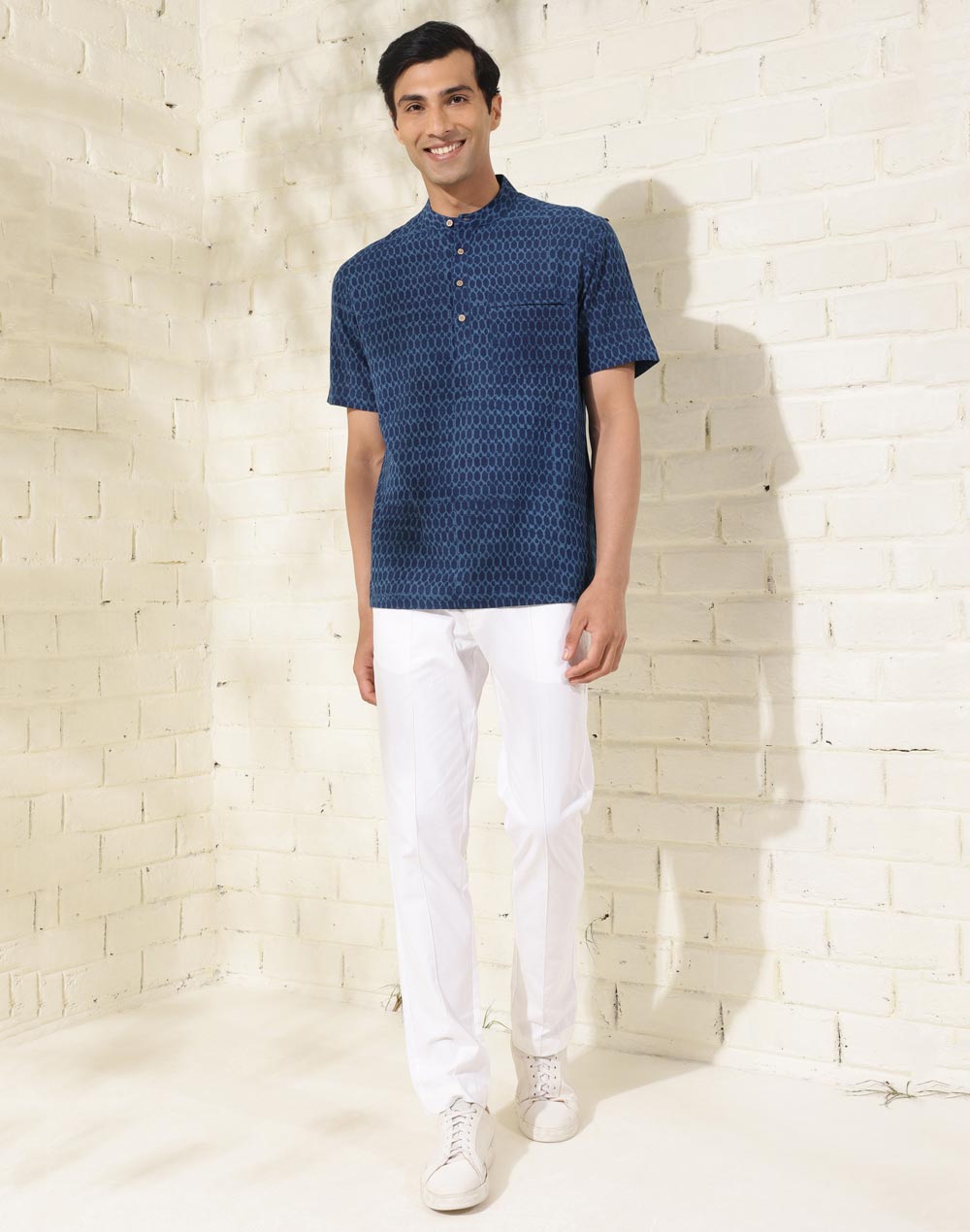 Blue Cotton Dabu Printed Mid Placket Shirt