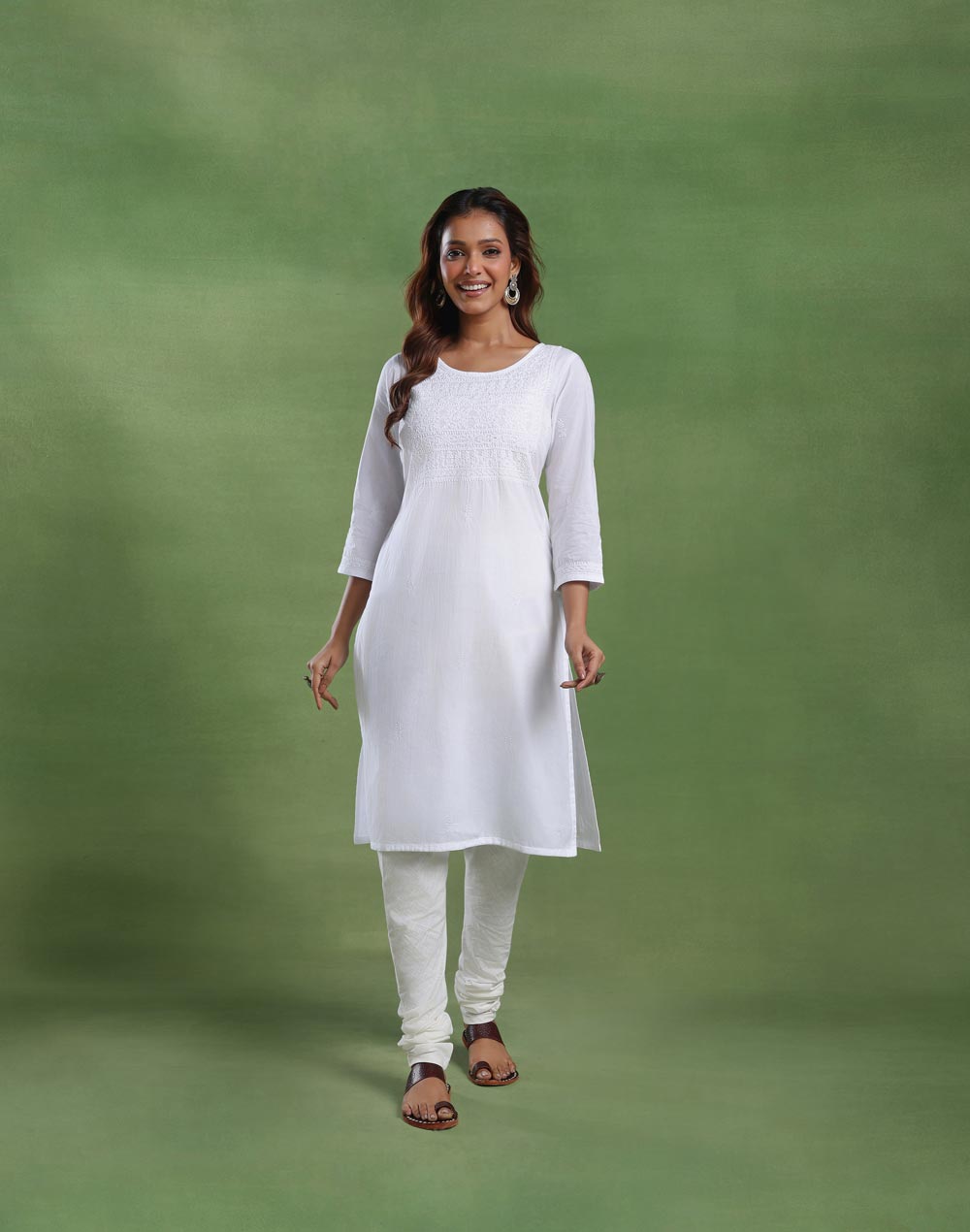 White Cotton Chikankari Knee Length Kurta