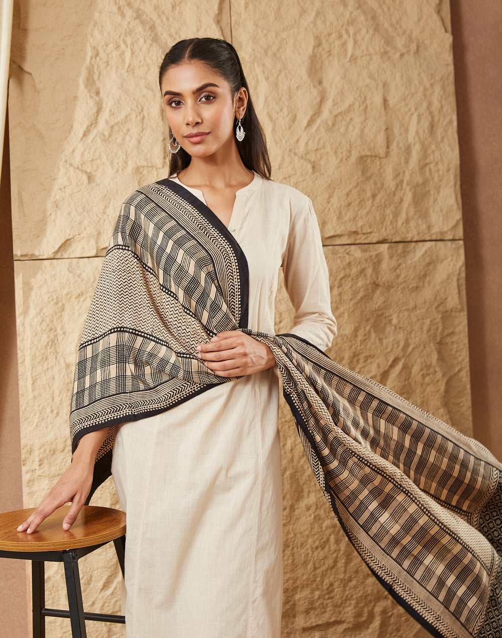 Natural-Black Silk Bagh Print Stole for Women from Fabindia UK