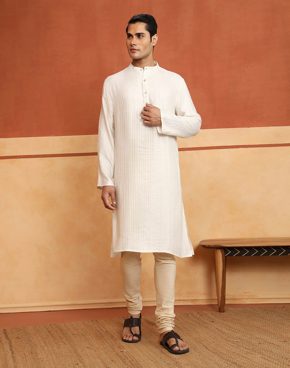 Dobby weave detail on the White Dobby Long Kurta