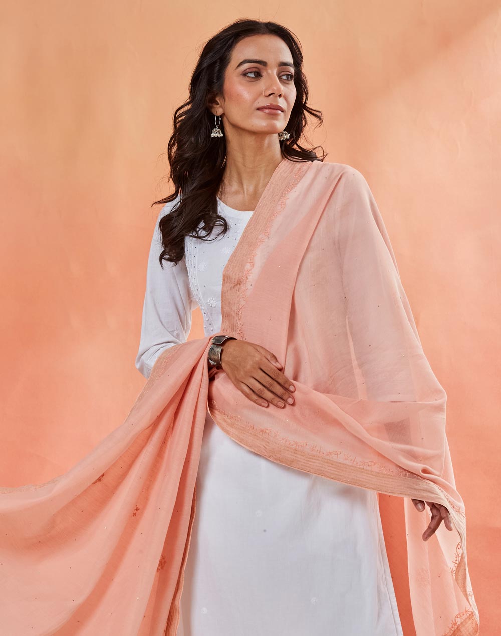 Pink Cotton Silk Blend Chikankari Dupatta