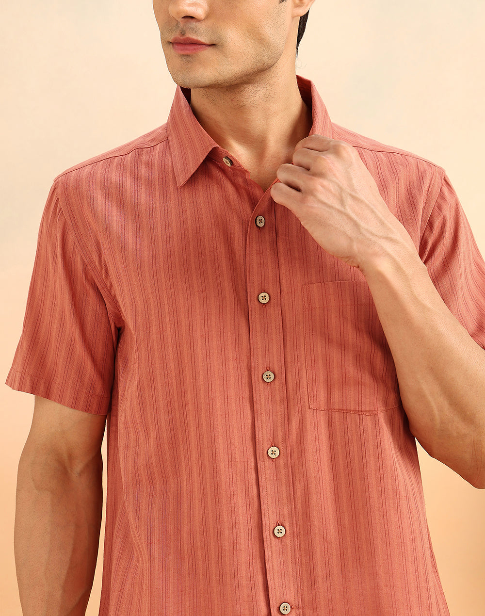 Orange Cotton Blend Striped Bush Shirt