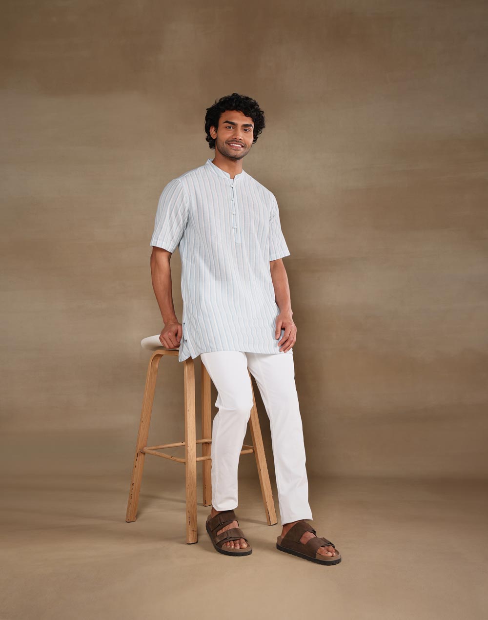 Blue Cotton Stripe Short Kurta