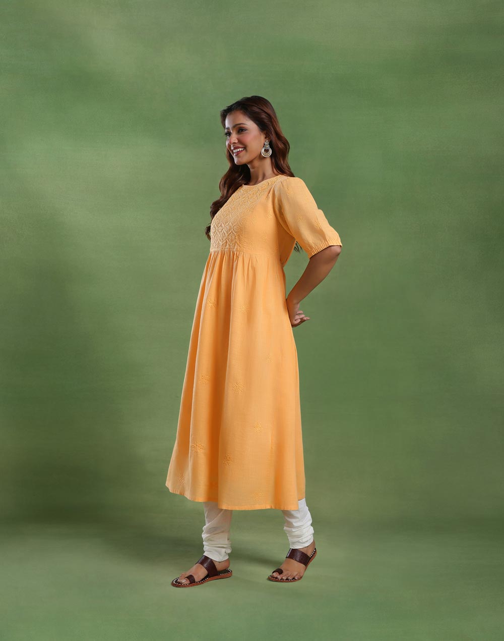 Yellow Cotton Chikankari Lining & Midi Dress
