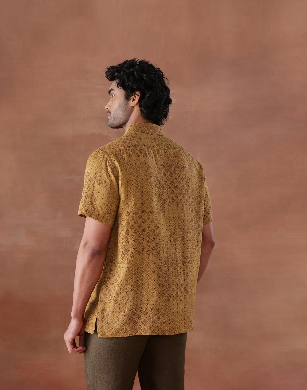 Mustard Linen Hand Block Printed Bush Shirt