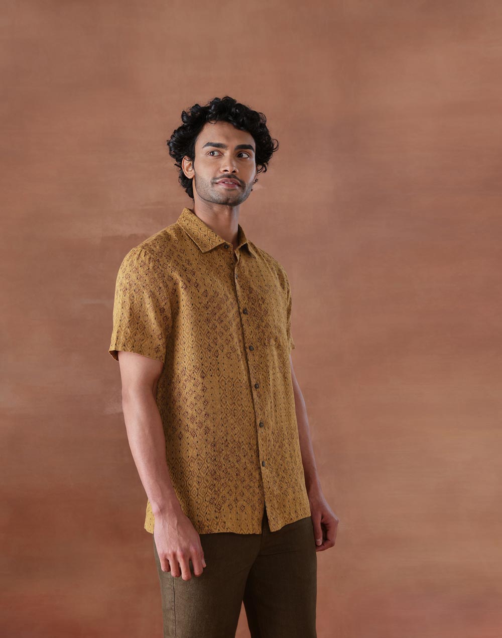 Mustard Linen Hand Block Printed Bush Shirt