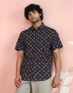 Blue-Red Cotton Ajrakh Print Shirt for Men from Fabindia UK