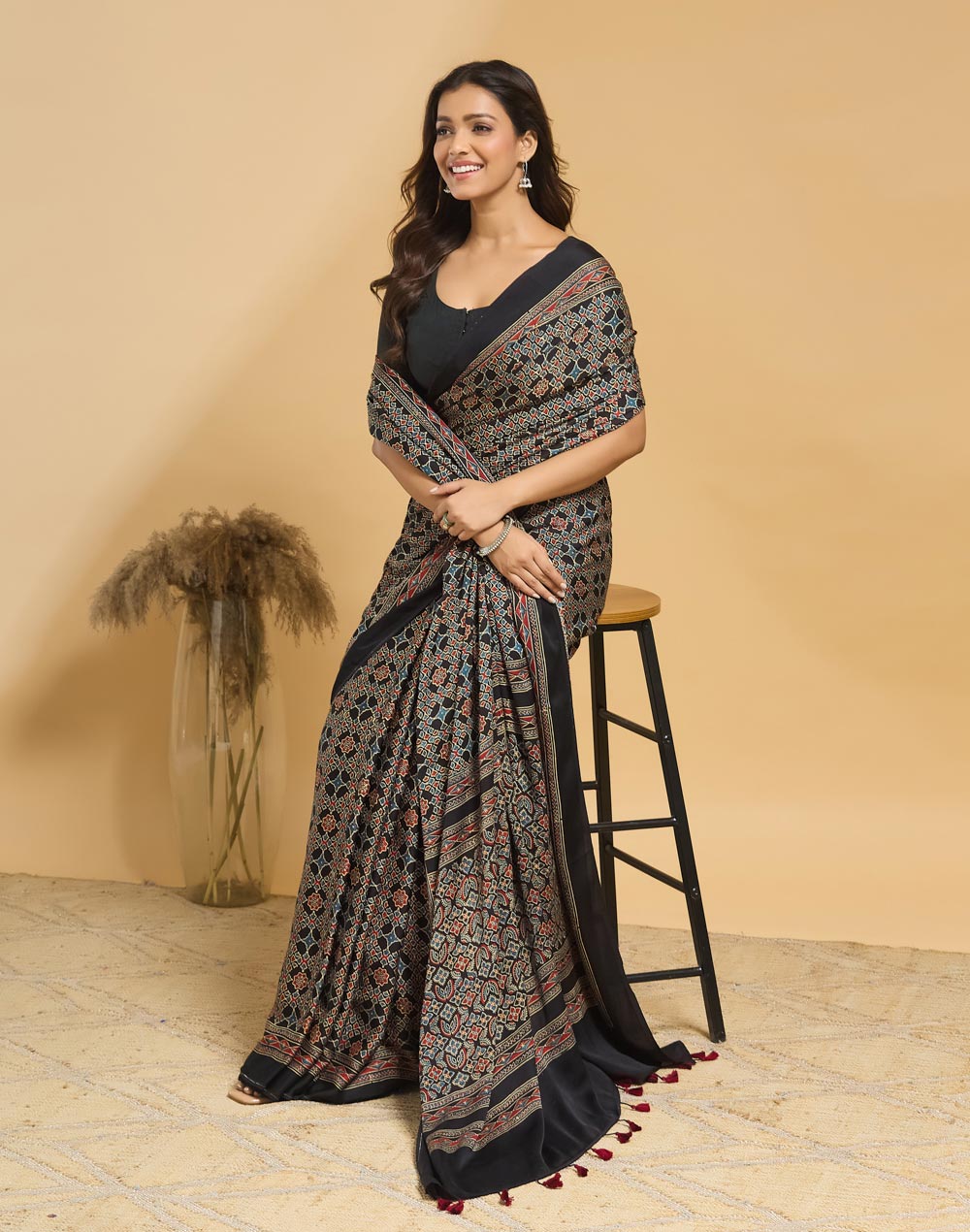 Black Viscose Blend Ajrakh Printed Sari