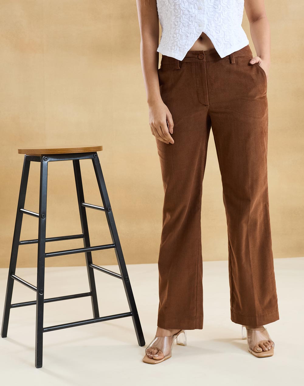 Brown Cotton Casual Tapered Pant