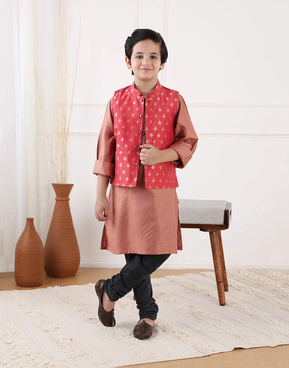 Red Cotton Silk Blend Cutwork Jacket