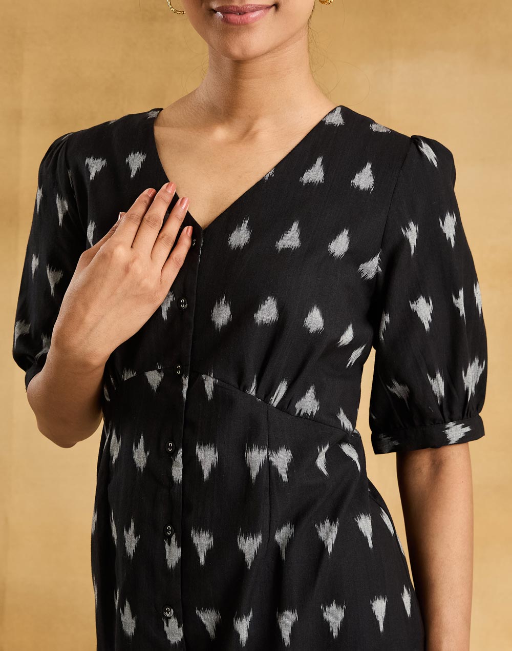 Black Cotton Ikat Midi Dress