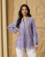 Blue-Pink Cotton Silk Hand Block Printed Clara Tunic
