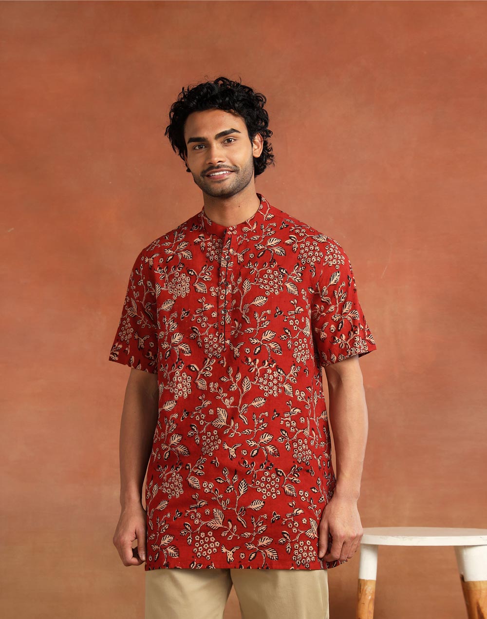 Maroon Cotton Dabu Printed Kurta Short