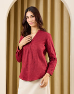 Maroon Hand Embroidered Indian Tunic with Chinese collar placket and three-quarter sleeves