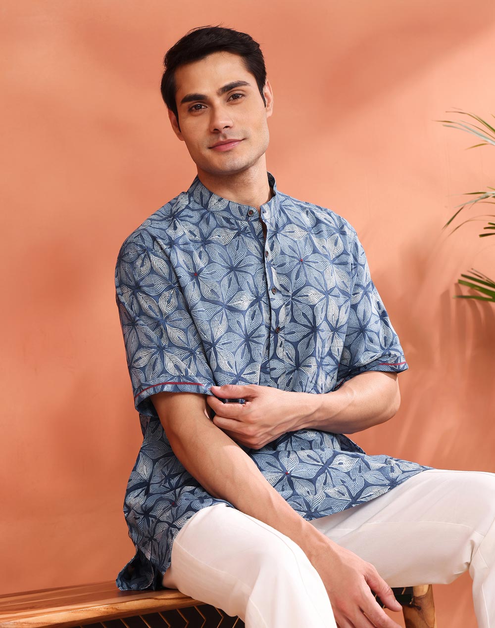 Indigo Cotton Dabu Printed Kurta Short