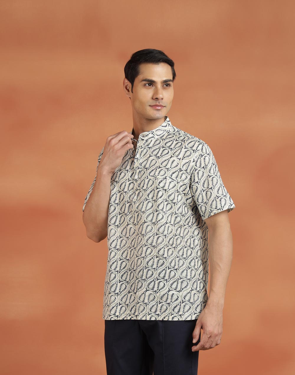 Blue Cotton Hand Block Printed Slim Fit Mid Placket Shirt