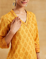 Mustard Cotton Hand Block Print Slim Fit Long Kurta