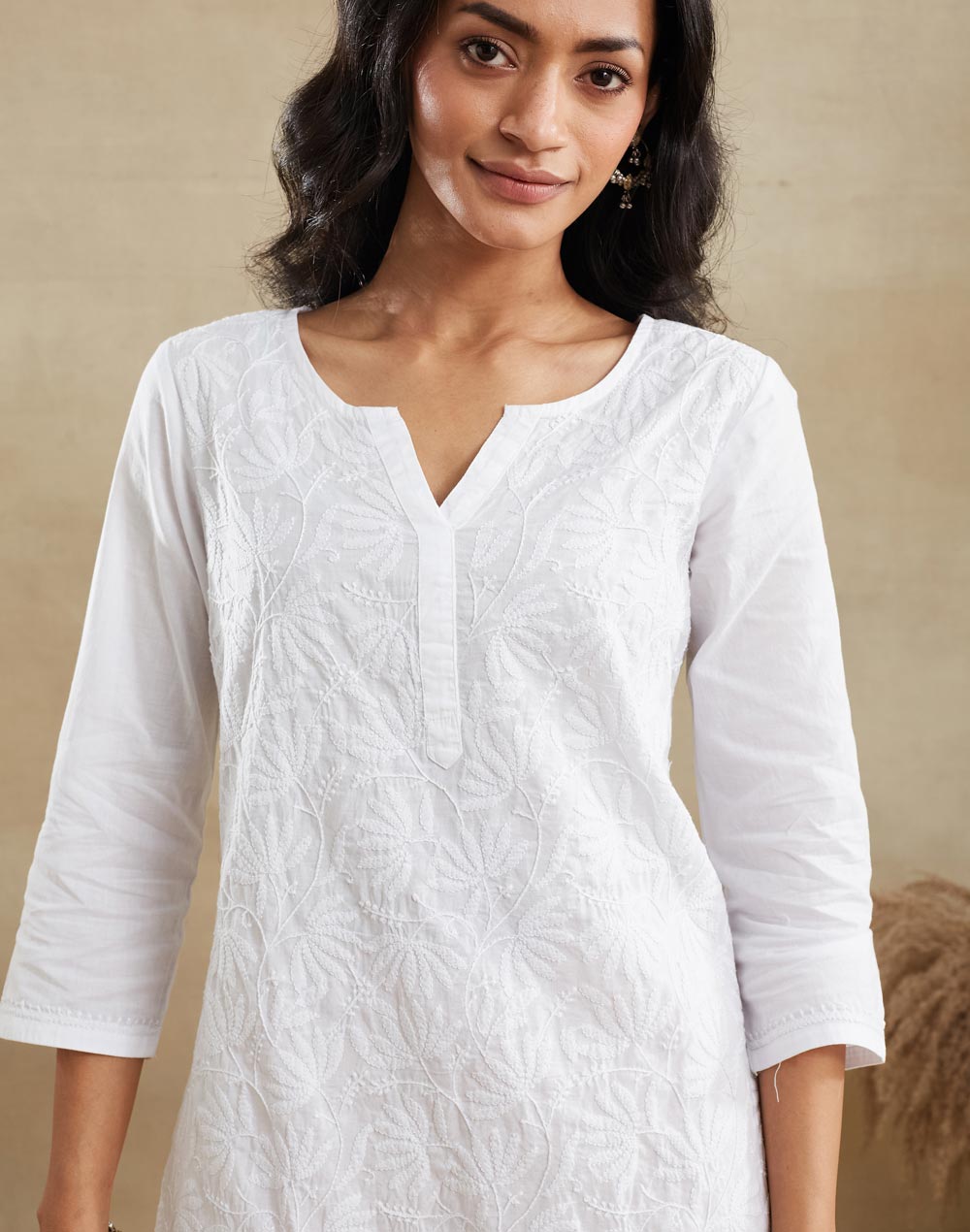 White Cotton Chikankari Short Kurta