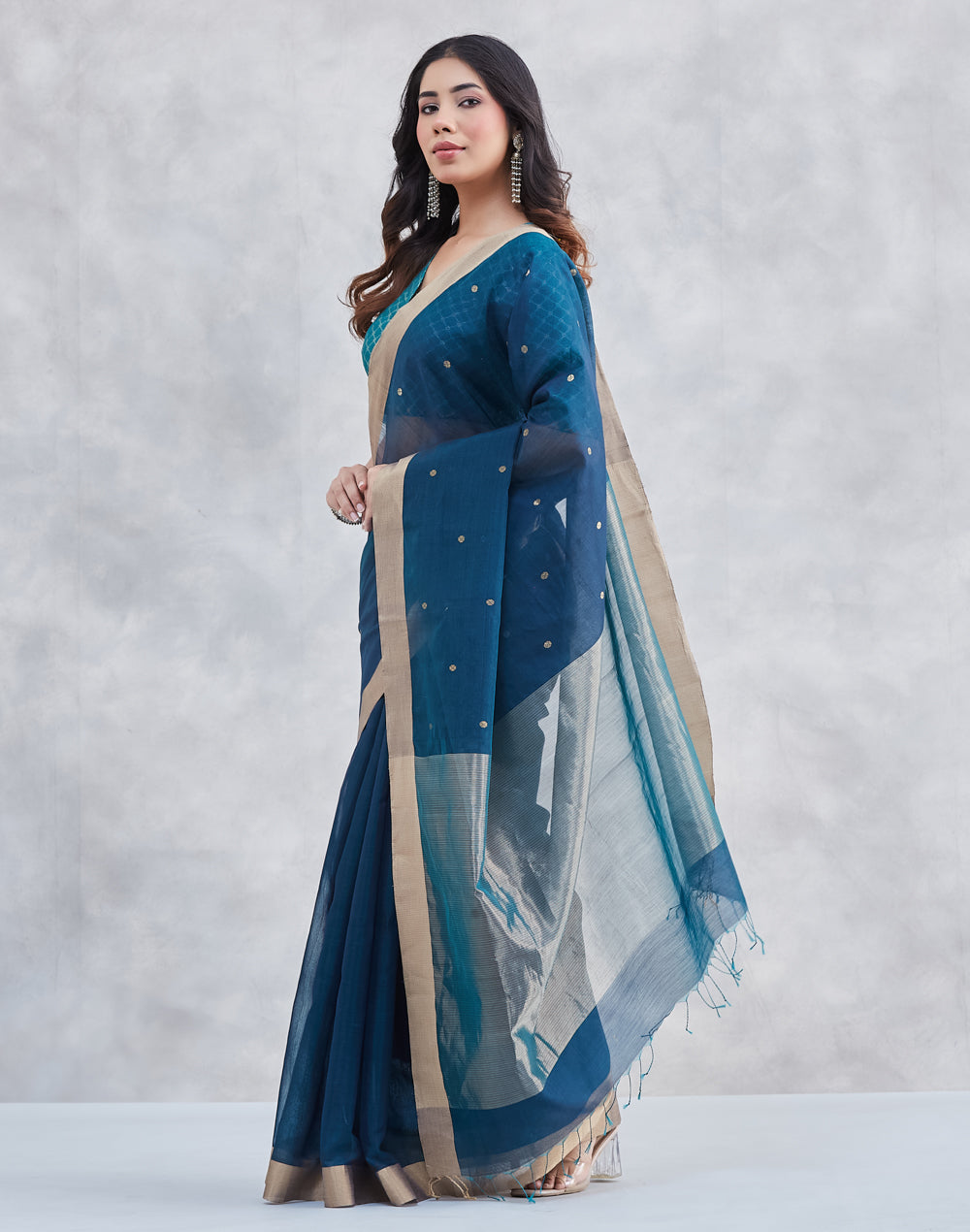 Teal Cotton Silk Blend Chanderi Sari
