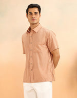 Beige Cotton Blend Striped Bush Shirt