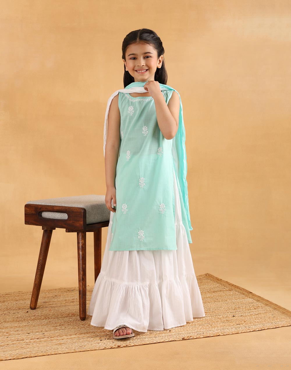 Teal Cotton Chikankari 3pc Garara Set