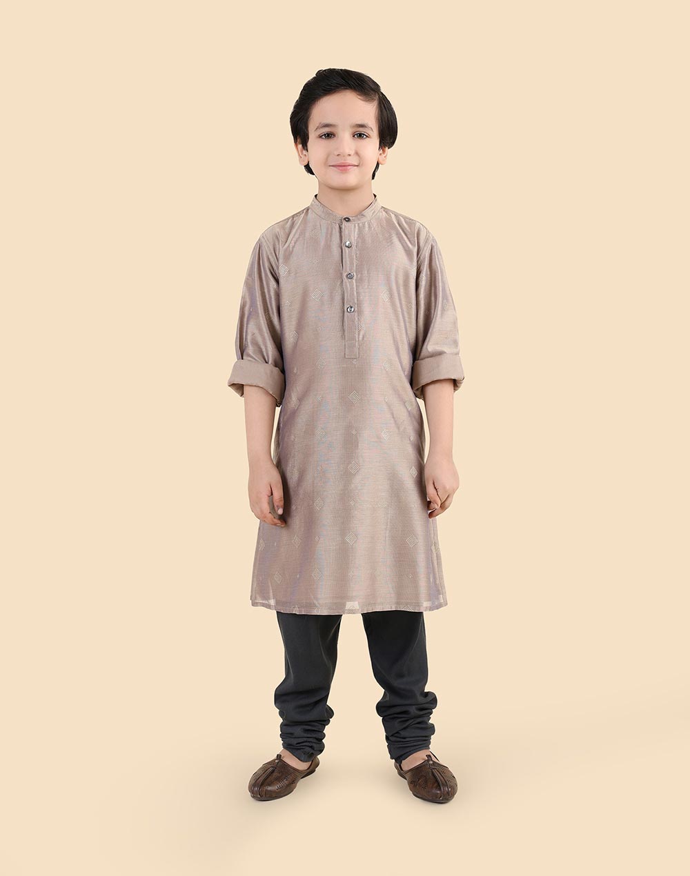 Grey Cotton Silk Blend Printed Long Kurta