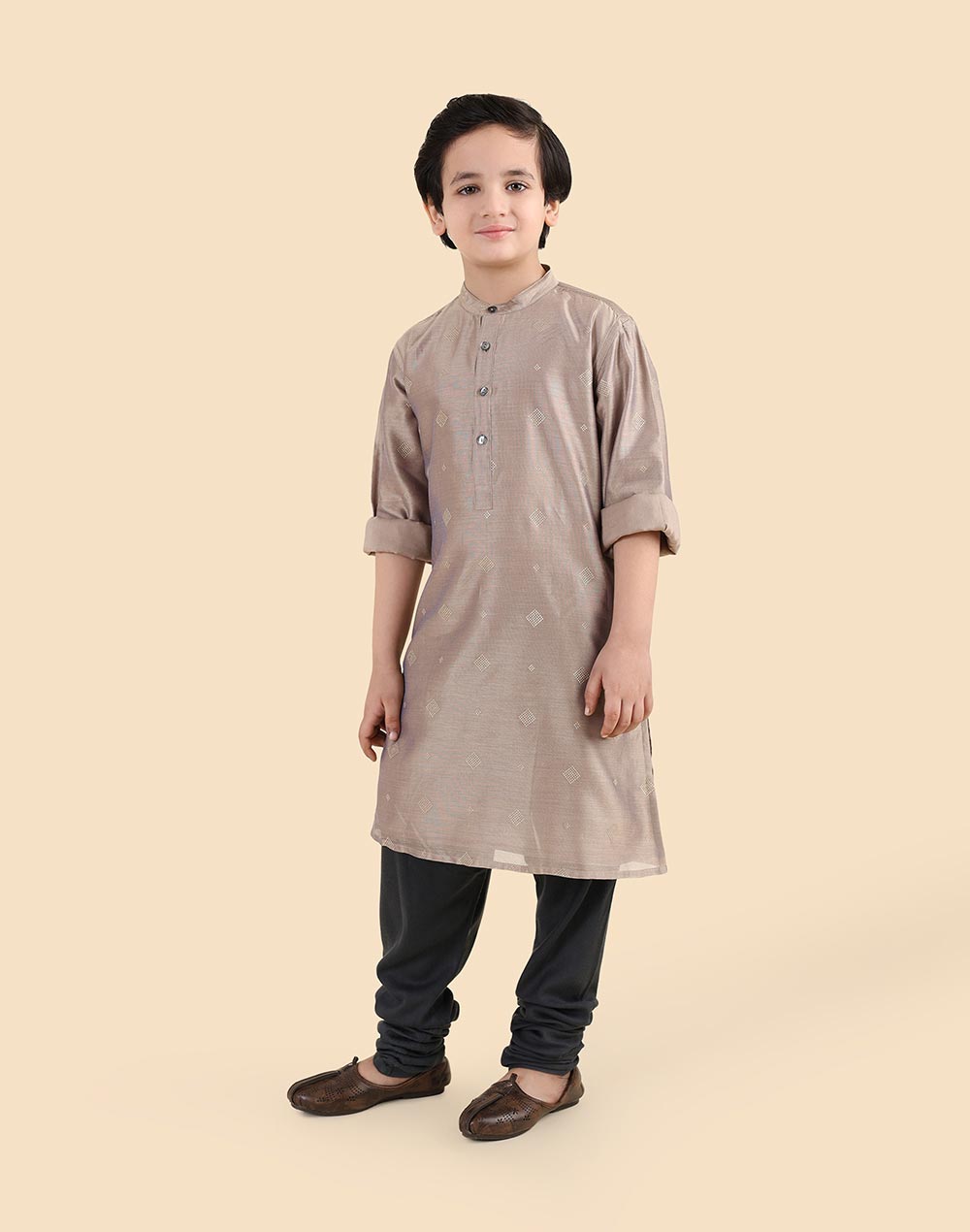 Grey Cotton Silk Blend Printed Long Kurta