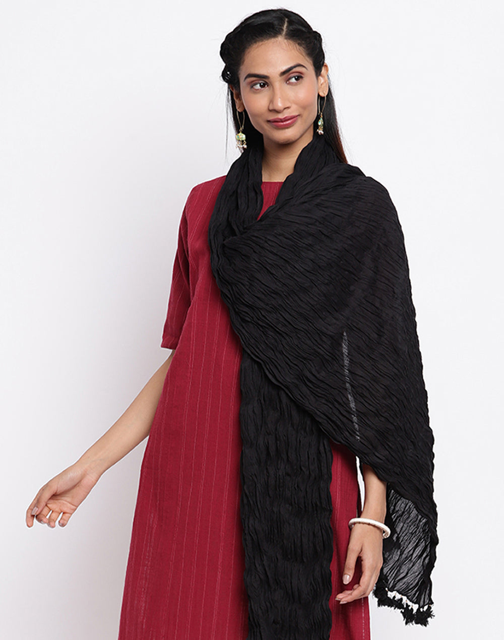 Black Cotton Mull Plain Phunka Crinkle Dupatta