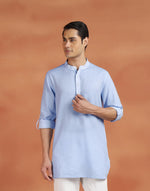 Blue Cotton Dobby Slim Fit Short Kurta