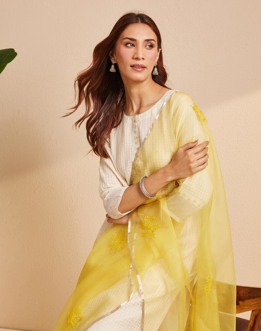 Yellow Silk Blend Chikankari Dupatta