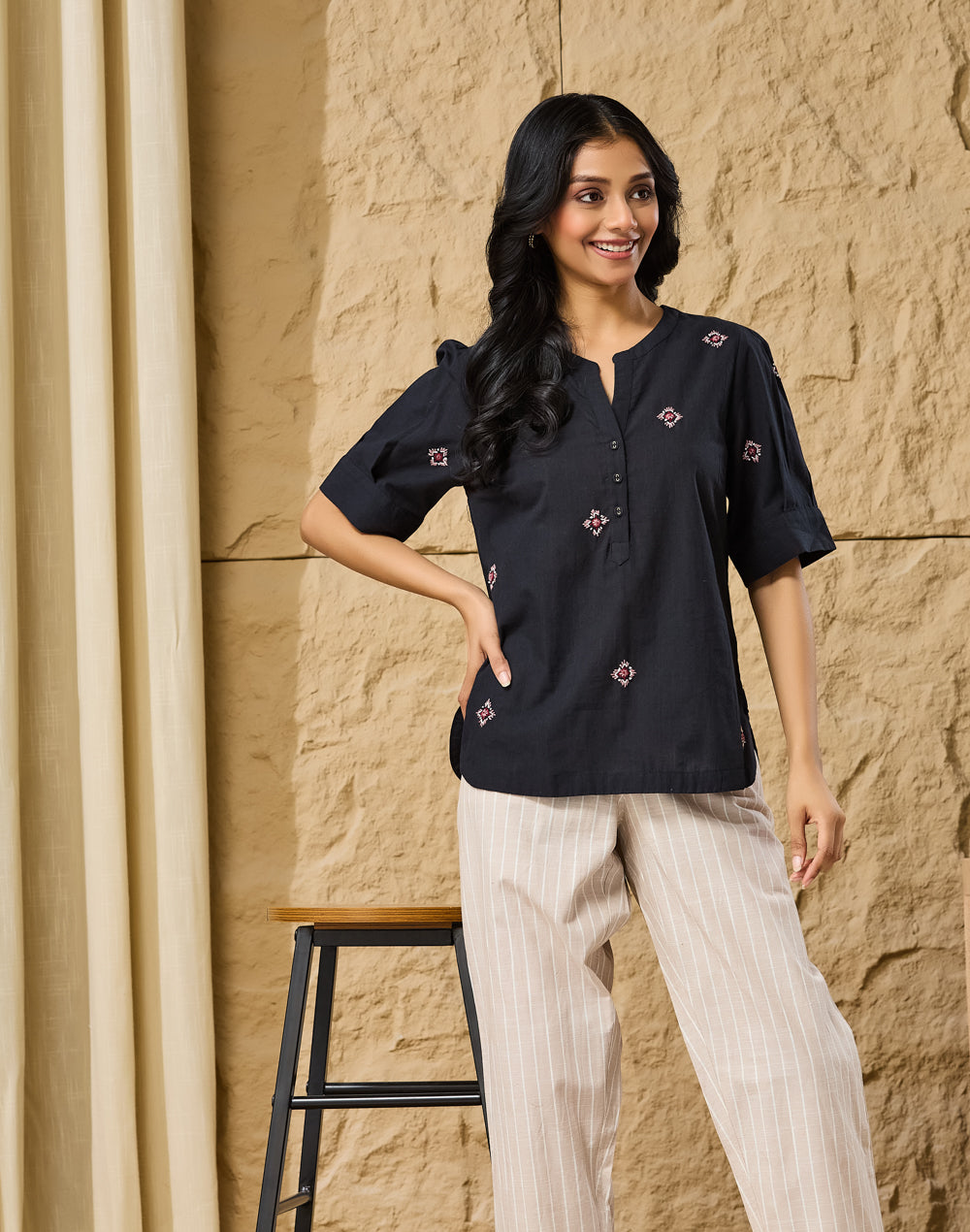Black Cotton Embroidered Top