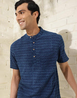 Blue Cotton Dabu Printed Mid Placket Shirt