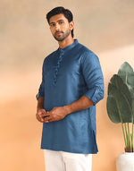 Blue Short Kurta with Chinese collar and full sleeves