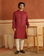 Red Viscose Dobby Long Kurta for Men from Fabindia UK
