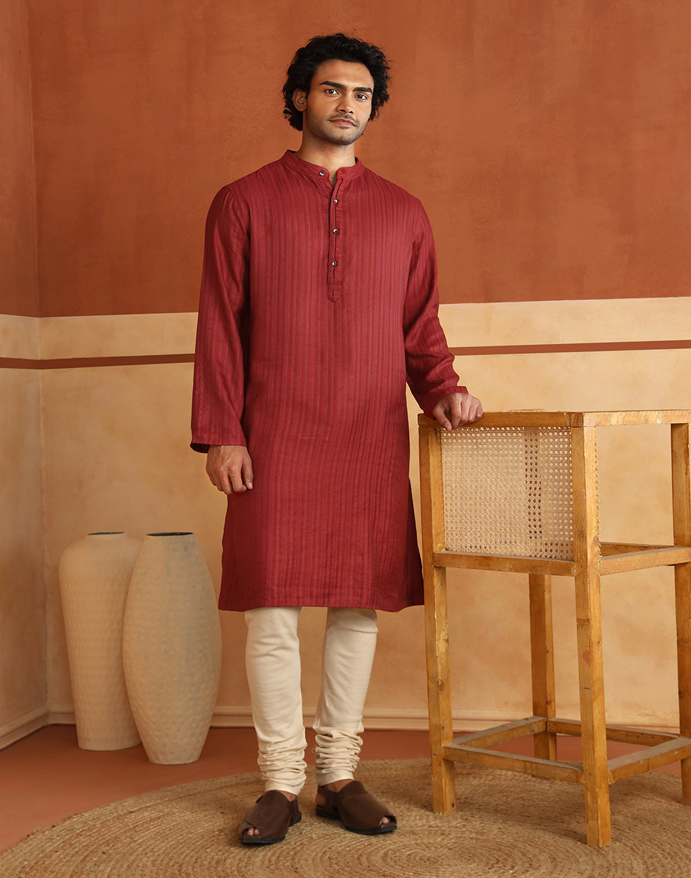 Red Viscose Dobby Long Kurta for Men from Fabindia UK