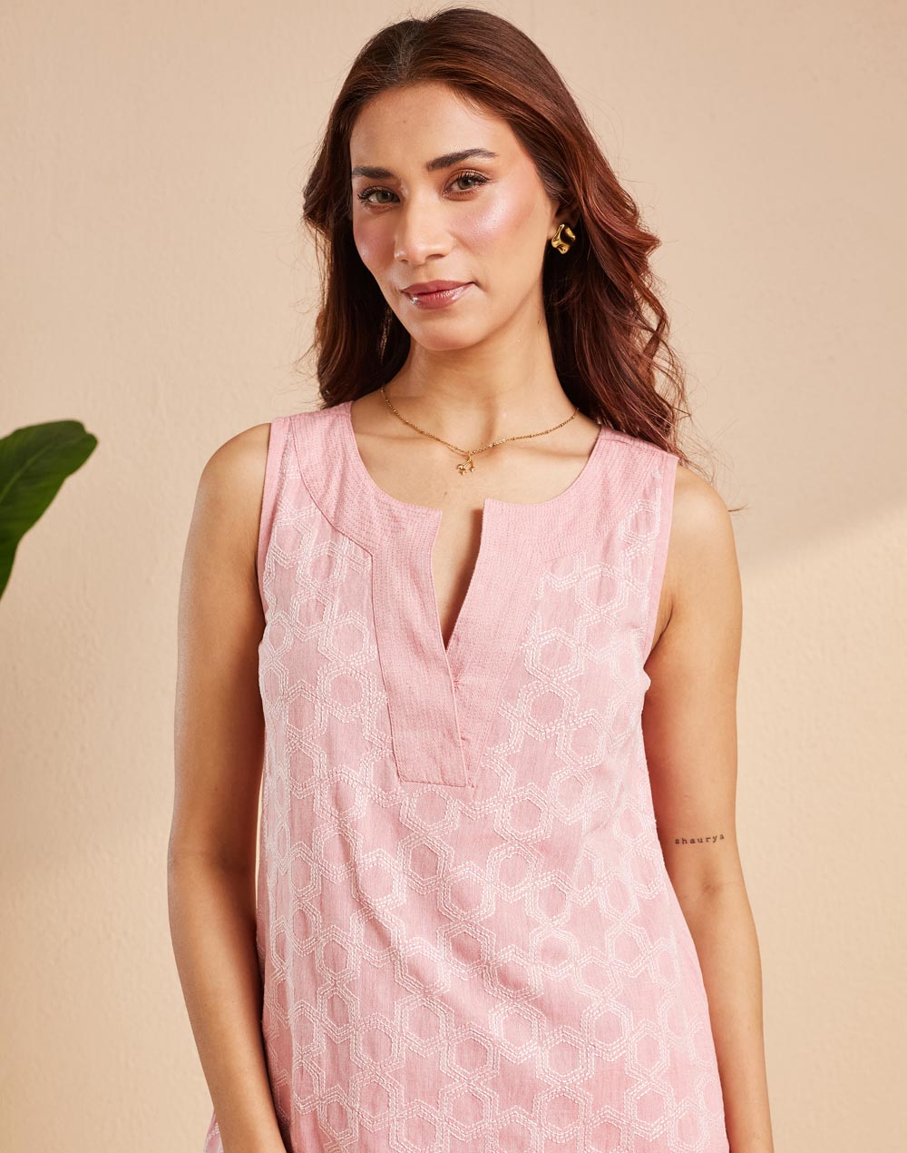 Pink Cotton Chikankari Short Dress