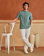 Teal Cotton Striped Slim Fit Mid Placket Shirt