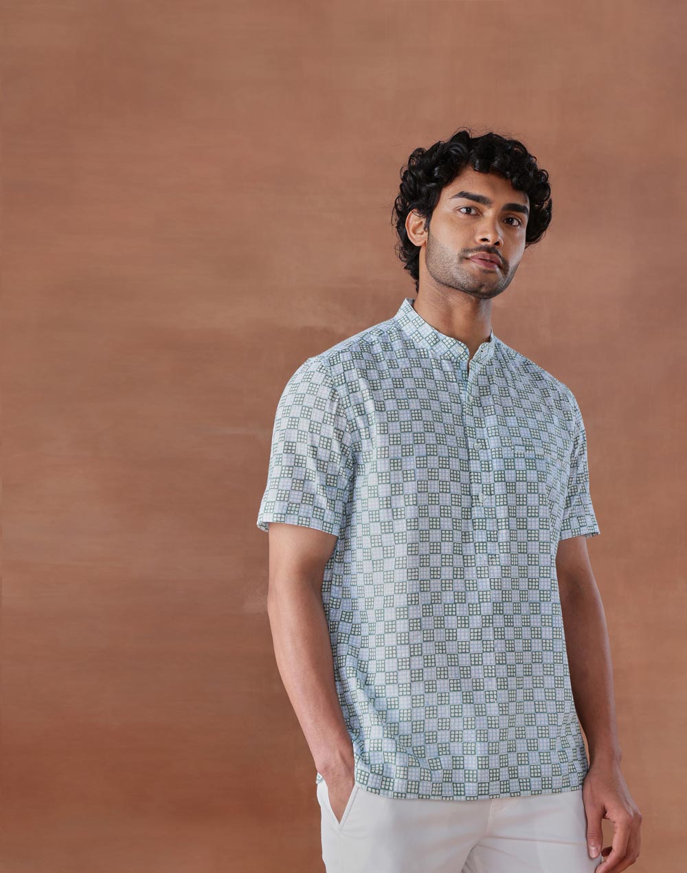 Blue Cotton Hand Block Printed Slim Fit Mid Placket Shirt