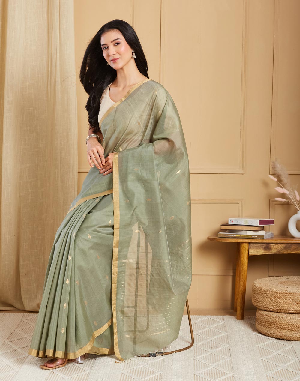 Green Cotton Silk Blend Chanderi Woven Wonders Sari