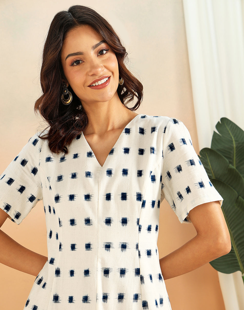 White Cotton Ikat Short Dress