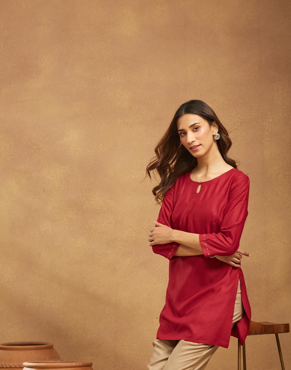 Maroon Viscose Silk Slim Fit Short Kurta