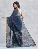 Indigo Cotton Silk Blend Hand Block Printed Sari